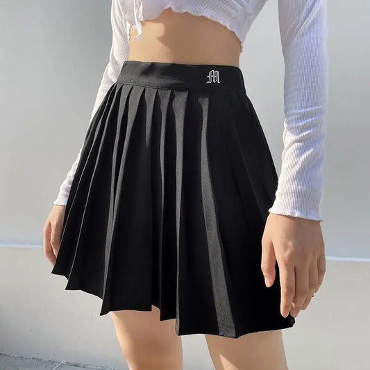 Summer White Sexy Pleated Skirt Woman Elastic High Waist A-line Mini Skirt Vintage College Style Embroidery Tennis Skirt New